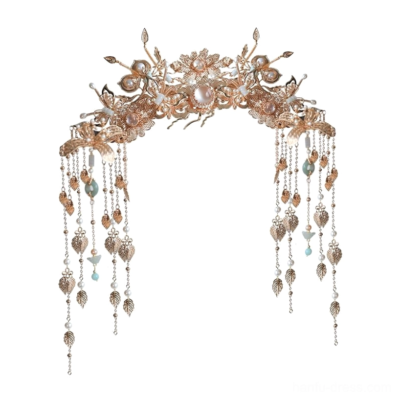 Full view of a symmetrical vintage gold hanfu hair crown with floral metalwork, light blue bead details, pearl accents, and long tassels