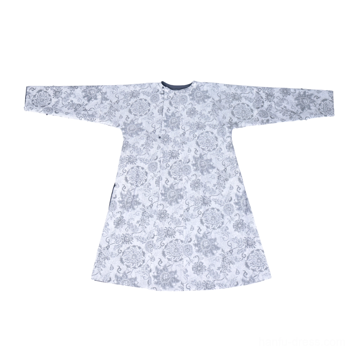 Flat lay front view of the vintage gray floral side of a reversible Tang Dynasty inspired Hanfu round collar robe with A-line silhouette and loose long sleeves
