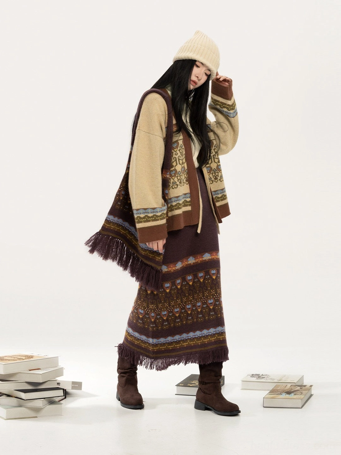 Vintage-inspired modern Hanfu knitted cardigan and jacquard midi skirt with a draped fringed scarf