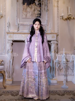 Full front view of violet Ming Dynasty Hanfu with embroidered Bijia vest, Pipa sleeve top, and gold wisteria Mamianqun skirt in a vintage palace interior