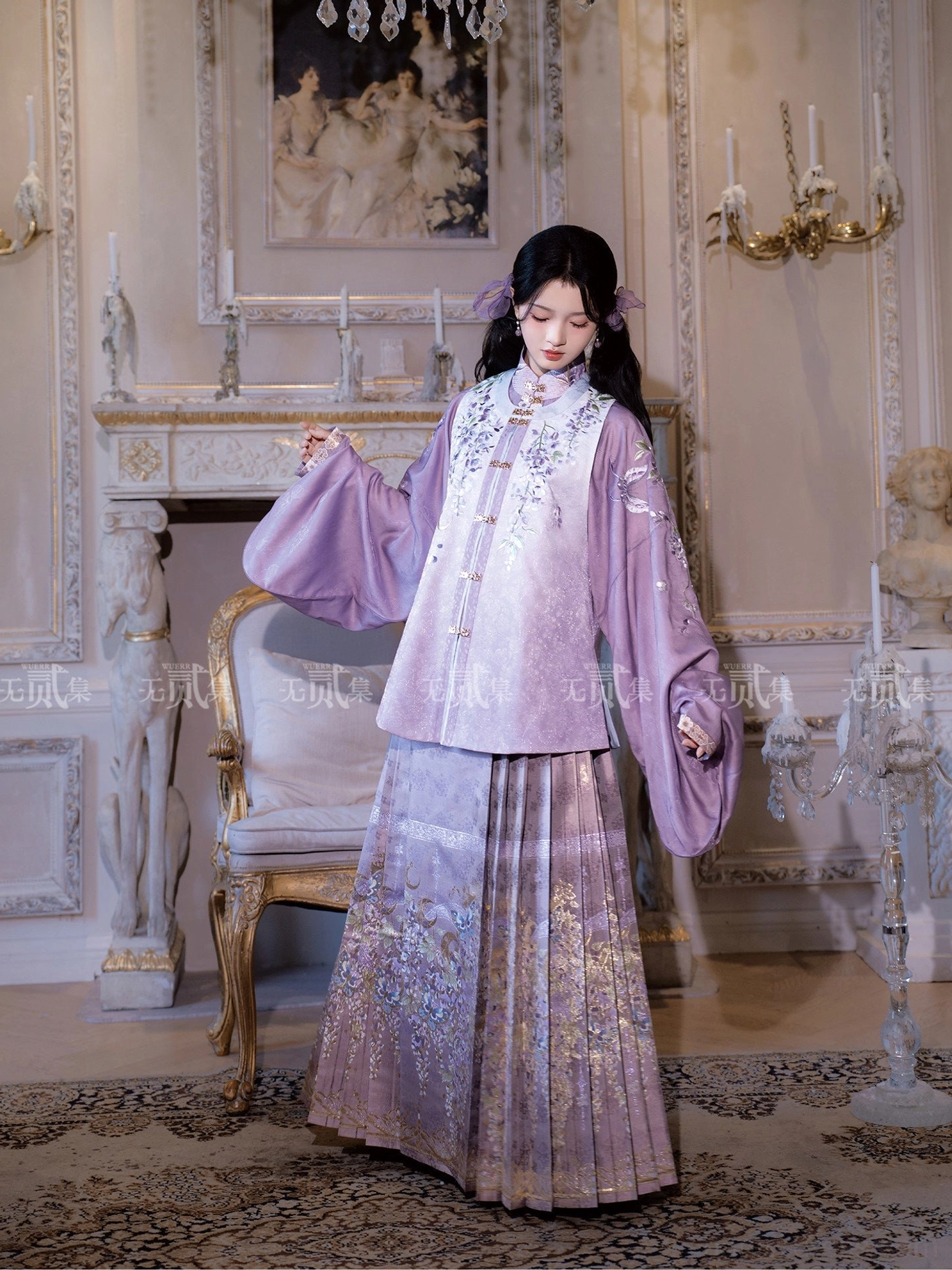 Back three-quarter view of violet Ming Dynasty Hanfu with loose embroidered Bijia vest, lavender hair ribbons, and flowing wisteria Mamianqun skirt