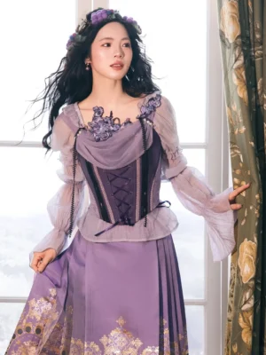 Front view of violet modern Hanfu outfit with lace-up floral bustier, off-shoulder sheer blouse and golden hem mamianqun skirt