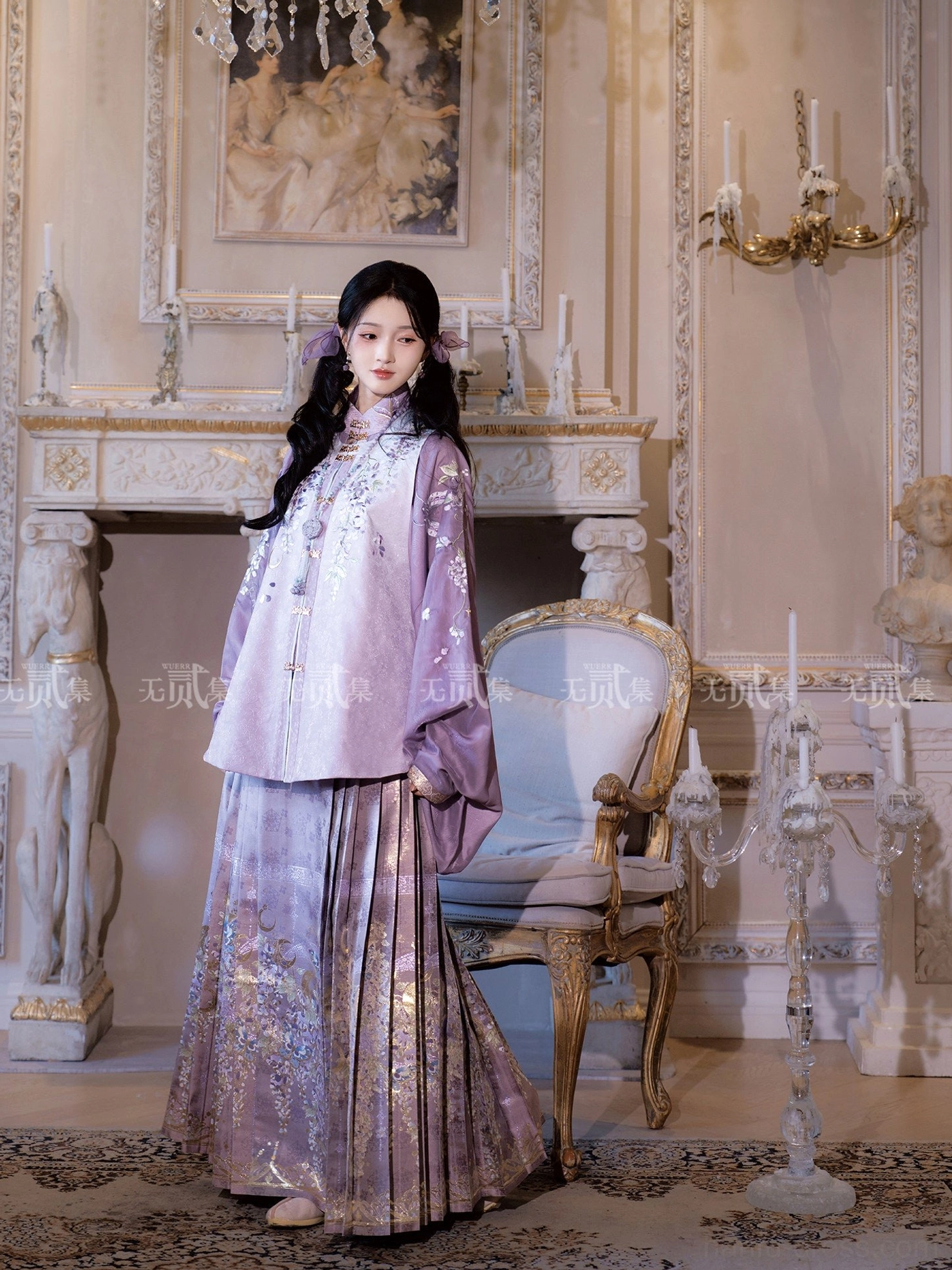 Side view of violet Ming style Hanfu outfit with flowing Pipa sleeves, lavender embroidered Bijia vest, and pleated gold wisteria Mamianqun