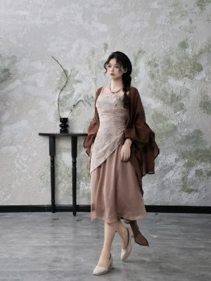 Modern Hanfu wabi-sabi dress and dark brown cardigan set styled with a dusty rose camisole dress in a vintage studio