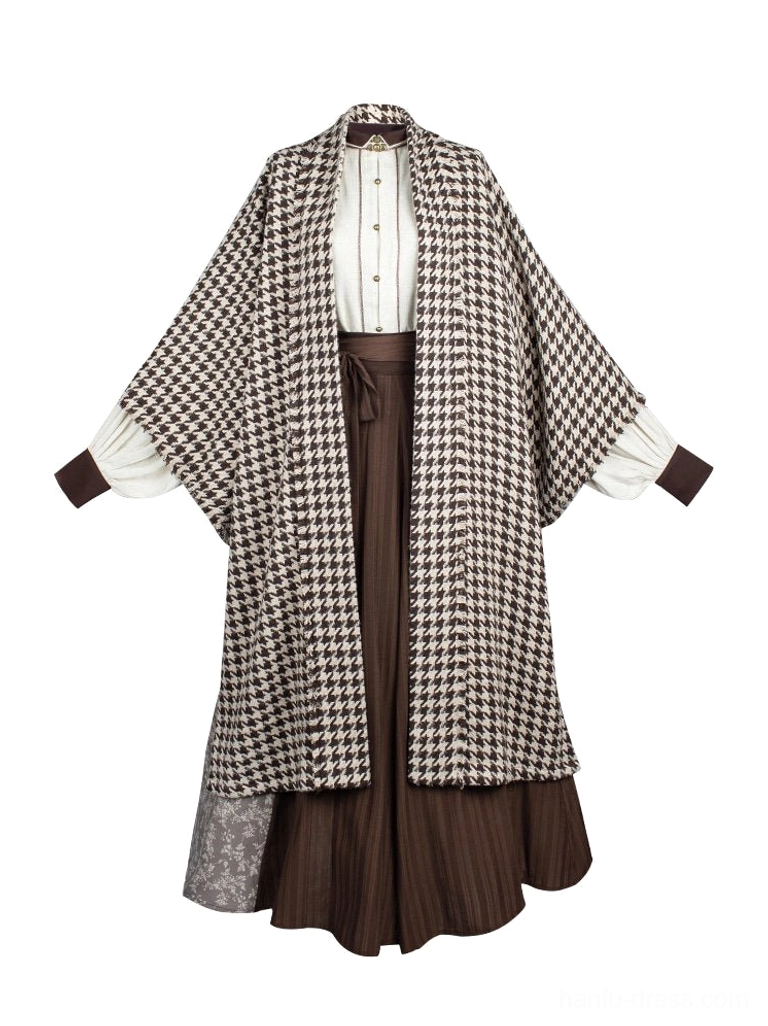 Flat lay of complete Warm Autumn Song Dynasty Hanfu outfit including houndstooth beizi jacket stand-collar blouse and wrap skirt