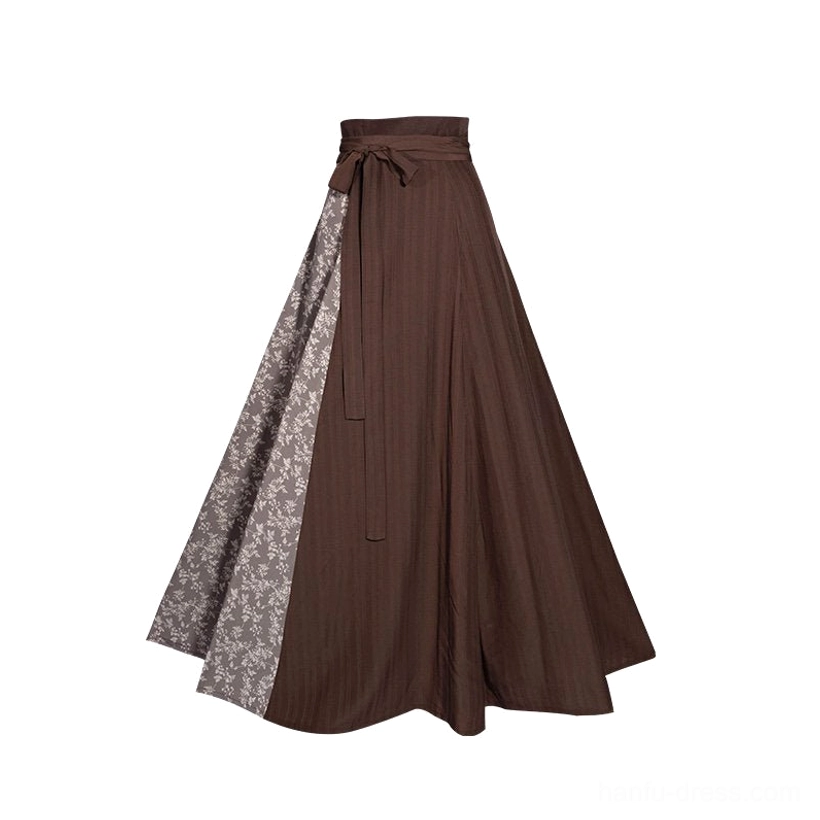 Brown high-waisted Song Dynasty Hanfu wrap skirt flat lay with adjustable waist tie pleated A-line shape and printed contrast panel