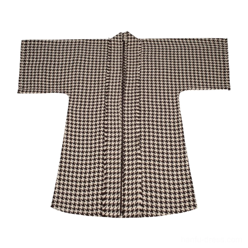 Brown houndstooth modern Song Dynasty Hanfu beizi jacket flat lay with wide sleeves contrast cuffs and long open-front silhouette