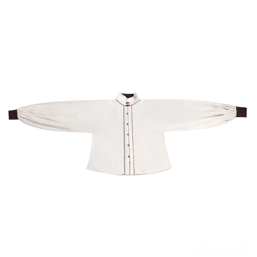 Off-white modern Song Dynasty Hanfu long-sleeve blouse flat lay with stand collar black trim lantern sleeves and brown cuffs