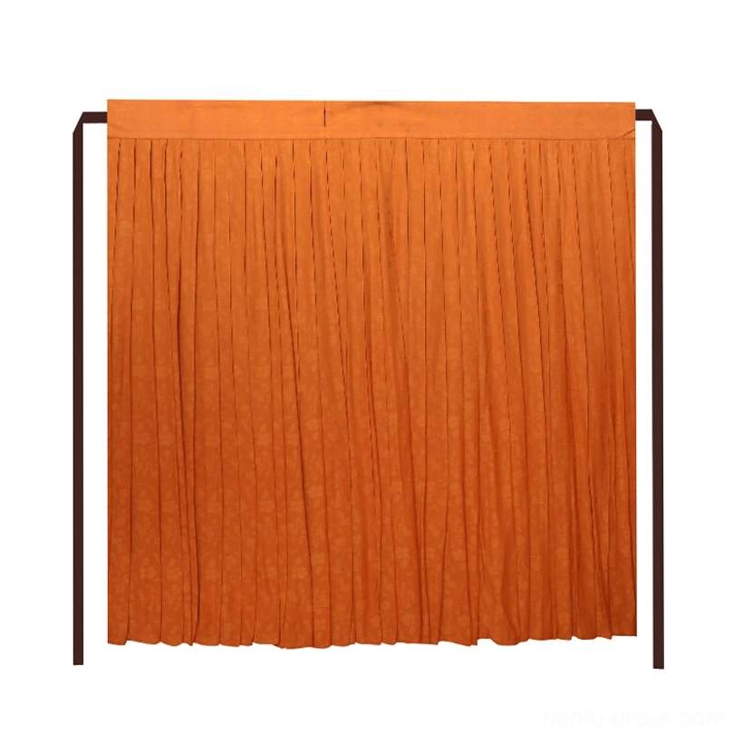 Warm orange polyester wrap skirt for Tang-style hanfu with full pleats and long brown waist sash