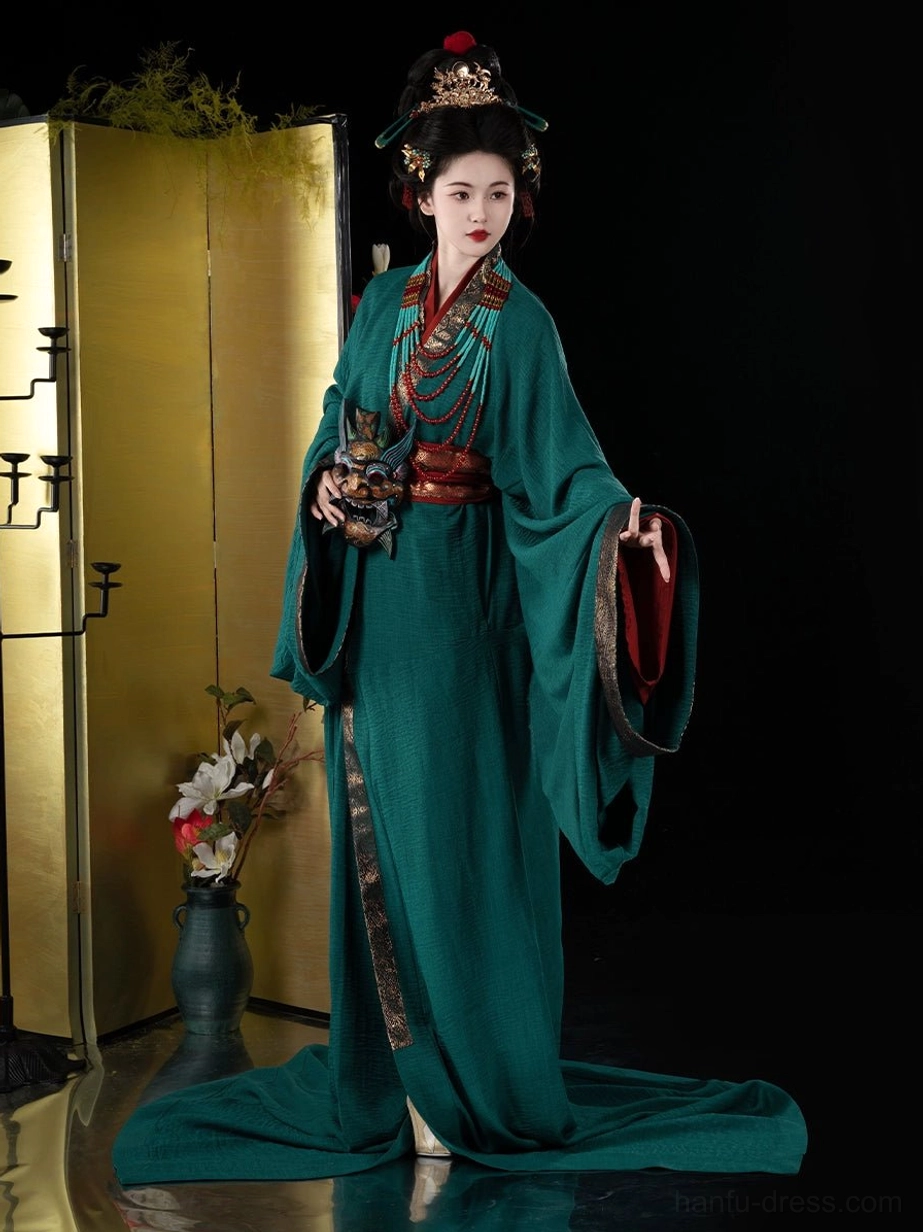 Full front view of Warring States and Han Dynasty emerald green straight hem Hanfu complete robe set with red inner robe, gold trim, and waist sash