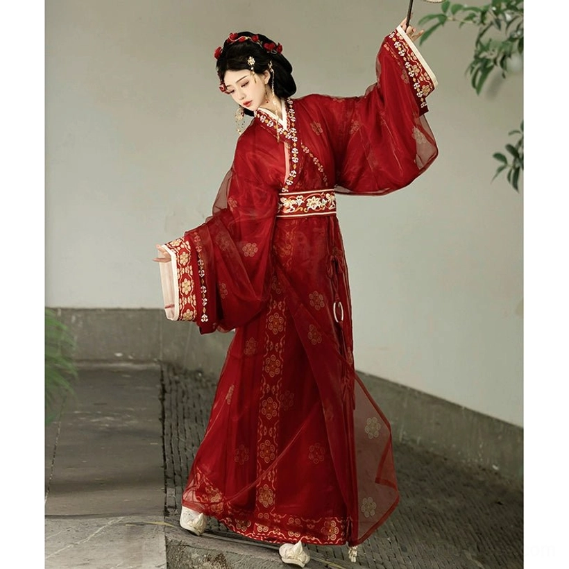 Red Warring States Han Dynasty Hanfu floor-length robe with flared wide sleeves floral print and embroidered cross collar