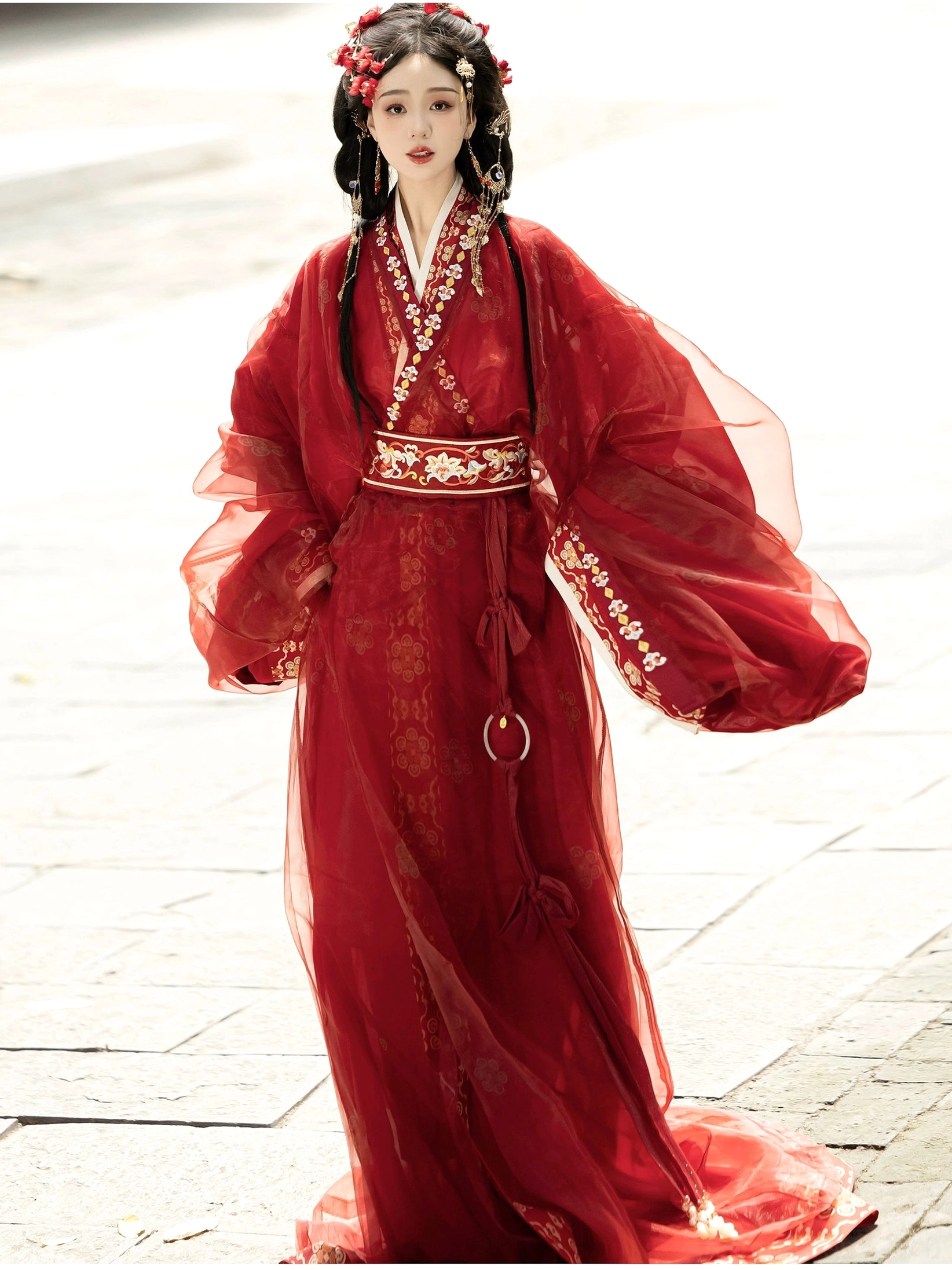 Red Han Dynasty Hanfu robe with sheer floral embroidered overlay cross collar embroidered waist belt and decorative pendants