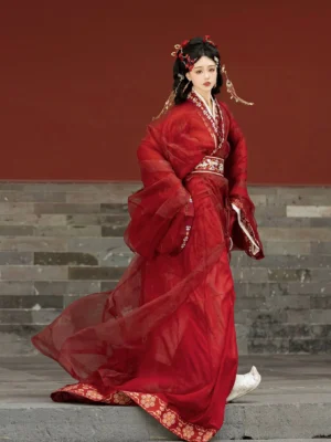 Red Warring States and Han Dynasty Hanfu straight hem robe side view with gold embroidered cuffs hem and trailing train