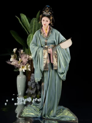 Front view of a dusty cyan blue Warring States and Han Dynasty straight hem hanfu robe with gold trim, layered pink and yellow inner garments, wide sleeves, and a long flowing train