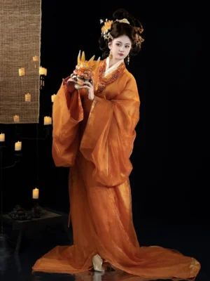 Warring States inspired burnt orange hanfu robe set with layered robes wide sleeves and golden waist sash