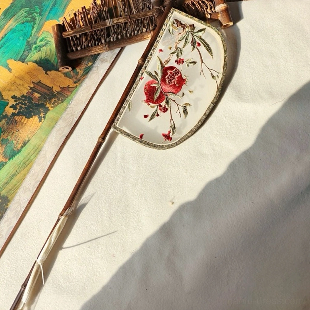 Pomegranate style Warring States inspired embroidered Chinese hand fan with half-moon silk face and long bamboo handle
