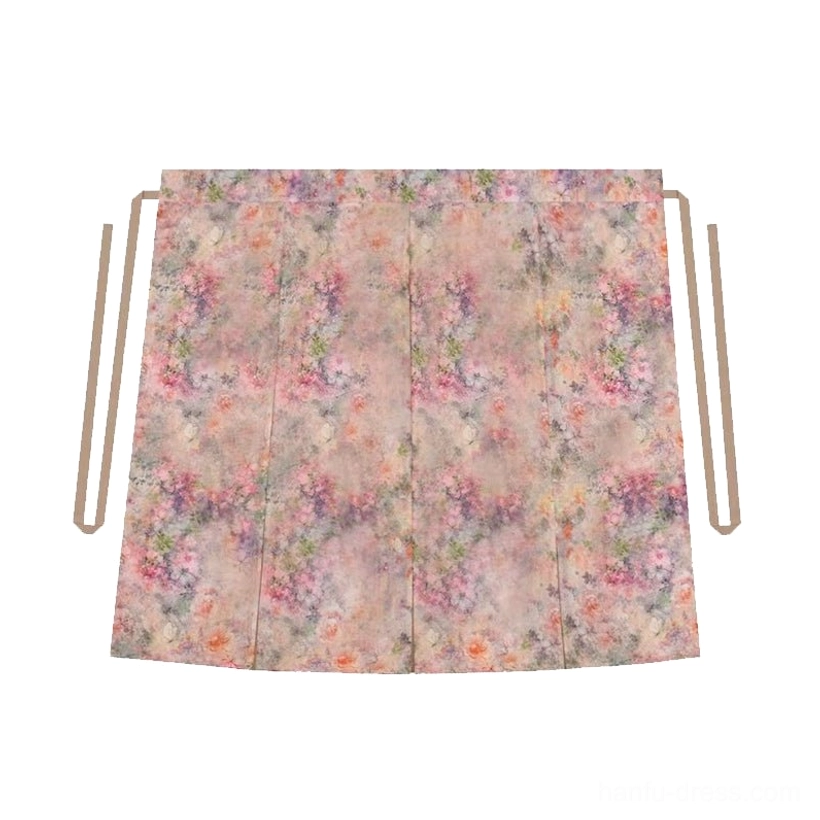Watercolor pastel floral Hanfu pleated wrap skirt flat lay with adjustable side waist ties and flowing drape