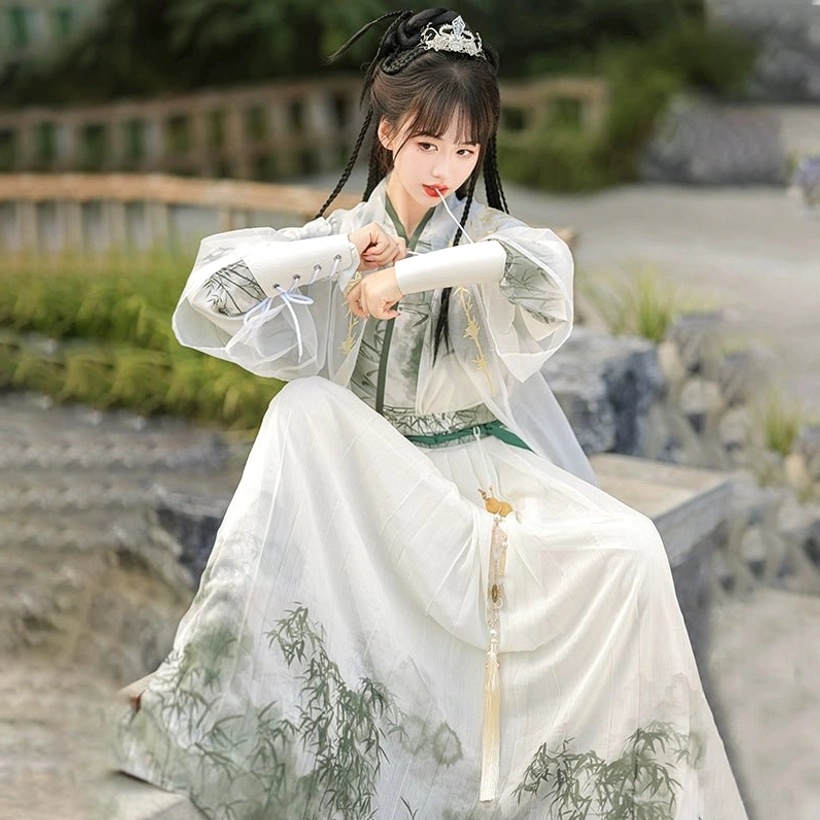 Wei Jin Dynasty bamboo qiyao ruqun Hanfu full set side seated view with flowing sheer cape and green waist tassel