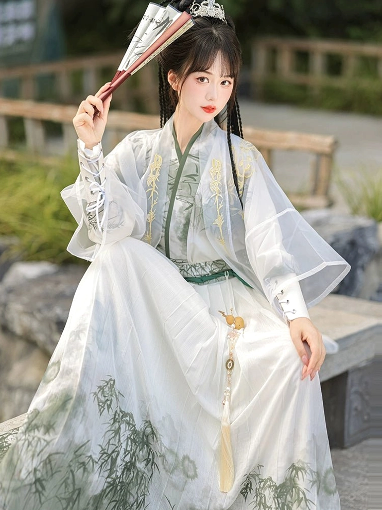 Wei Jin Dynasty bamboo swordsman qiyao ruqun Hanfu set front three-quarter seated view with sheer coat and green tassel