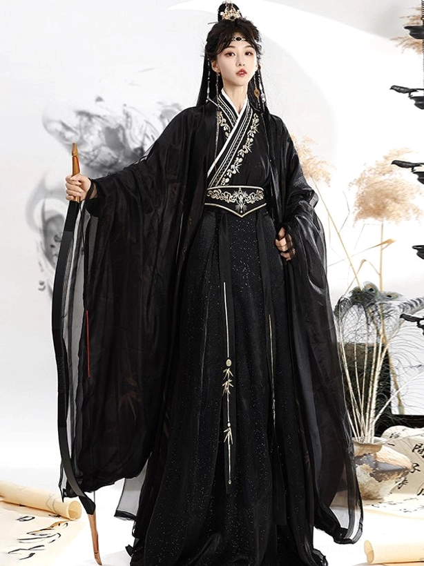 Front full-body view of a black and gold Wei Jin Dynasty Qiyao Ruqun Hanfu with sheer wide sleeves, bamboo embroidery, floor-length skirt, and traditional Chinese styling