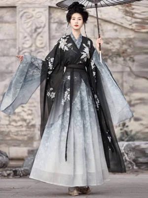 Wei Jin Dynasty black gradient Qiyao Ruqun Hanfu full set front view with wide sleeves floral details and black oil-paper umbrella