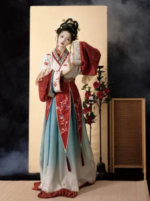 Wei Jin Dynasty Hanfu dress with cream and red layered top, floral embroidered trim, decorative waist details, and elegant ancient Chinese styling