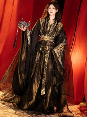 Full-length Wei Jin Dynasty Hanfu costume with flowing layered train, sheer outer robe, gold tassel waist chain and traditional hair crown