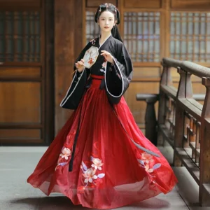 Wei Jin Dynasty Hanfu front view showing black embroidered Jin-style top, elegant red flowing skirt, classical hairstyle, and octagonal silk fan