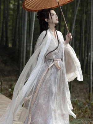 Back three-quarter view of a woman wearing a flowing Wei Jin Dynasty Hanfu robe with wide sleeves, long trailing hem, waist sash, and a bamboo umbrella in a bamboo forest