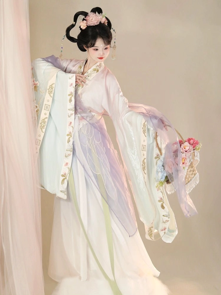 Ethereal Wei Jin Dynasty Hanfu dress with sheer purple wide sleeves, embroidered borders, flowing wrap skirt, and green waist ribbon