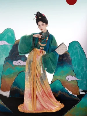 Wei Jin Dynasty Hanfu model wearing a teal outer robe and warm peach to mustard yellow gradient Qiyao Ruqun skirt with layered vintage necklaces and a traditional folding fan