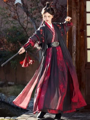 Wei Jin Dynasty Hongchen red and black warrior qiyao ruqun Hanfu set with gradient skirt, floral embroidery, wide sleeve coat, and decorative waist belt in a traditional courtyard