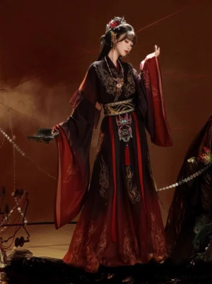 Wei Jin Dynasty Nuo opera inspired embroidered Hanfu shown in side profile with black and crimson gradient fabric, golden flame patterns, wide sleeves, and ritual-inspired hanging waist ornament