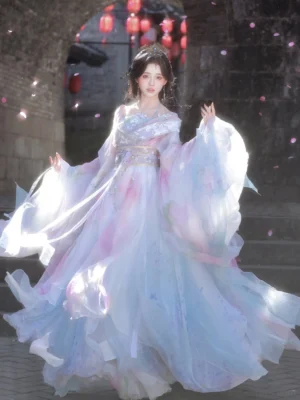 Front full-body view of a Wei Jin Dynasty Qiyao Ruqun Hanfu fairy dress with pastel pink and blue gradient fabric, wide flowing sleeves, floral embroidery and floor-length skirt in an ancient Chinese setting