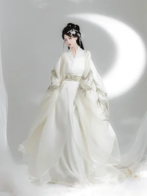 Front view of cream white Wei Jin Dynasty Hanfu Qiyao Ruqun with high waist silhouette, golden bamboo sleeve embroidery, and crescent moon backdrop