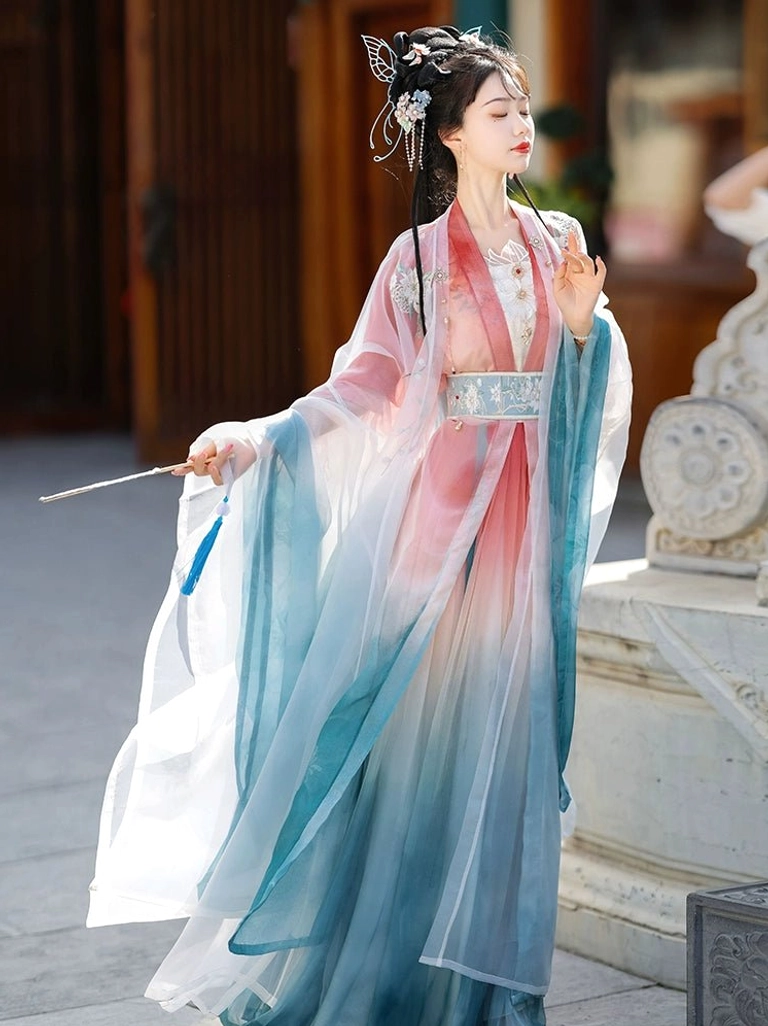 Wei Jin Dynasty Qiyao Ruqun Hanfu Bamboo Shadow full set in pink to cyan gradient with embroidered waistband and flowing sheer outer layers