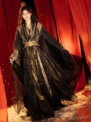 Front view of a Wei Jin Dynasty Qiyao Ruqun Hanfu with black fabric, gold flame embroidery, wide sheer sleeves and ornate waist decoration