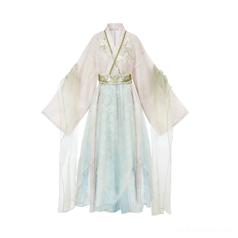 Complete Wei Jin style Qiyao Ruqun Hanfu set displayed from the front, including pink embroidered top, light cyan pleated skirt, green decorative trims, apron, and matching layered details