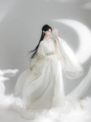 Wei Jin Dynasty Qiyao Ruqun Hanfu set in cream white with golden bamboo embroidered wide sleeves and flowing long skirt front three-quarter view