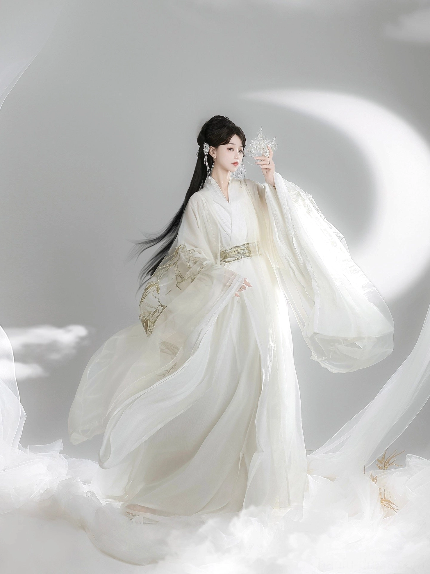 Wei Jin Dynasty Qiyao Ruqun Hanfu set in cream white with golden bamboo embroidered wide sleeves and flowing long skirt front three-quarter view