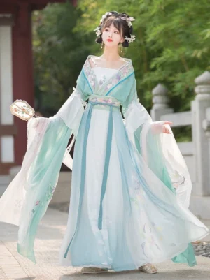 Cyan and white Wei Jin Dynasty Qiyao Ruqun Hanfu with embroidered collar and waist, flowing wide sleeves, and elegant layered skirt modeled in a Chinese garden