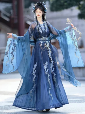 Wei Jin Dynasty Qiyao Ruqun Hanfu Dragon Queen of the West Sea in navy blue with light blue chiffon sleeves, dragon embroidery, cloud motifs, and beaded waist details