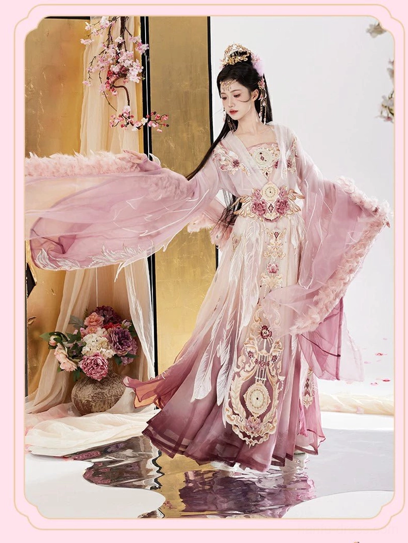 Dynamic view of a flowing Wei Jin Dynasty Qiyao Ruqun Hanfu with fluttering wide sleeves, beige to deep purple gradient fabric, golden embroidery, and floral waist appliques