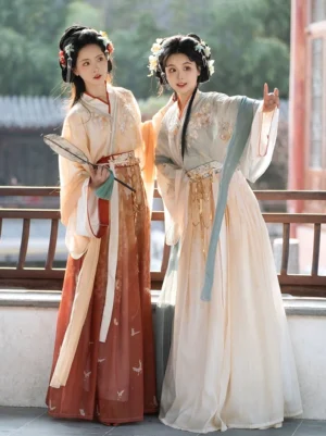 Wei Jin Dynasty Qiyao Ruqun Hanfu full front view with two female models wearing flowing wide sleeves and contrasting red crane-inspired and ivory skirt styling on a classical Chinese balcony