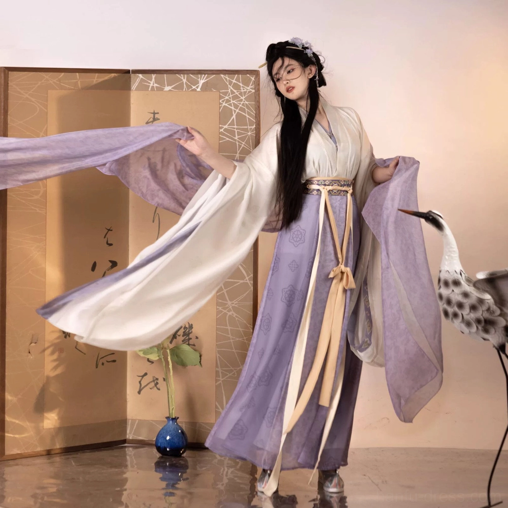 Wei Jin Dynasty Qiyao Ruqun Hanfu full set in ethereal fantasy colors with cross-collar top, inner layer, wrap skirt, and flowing sleeves