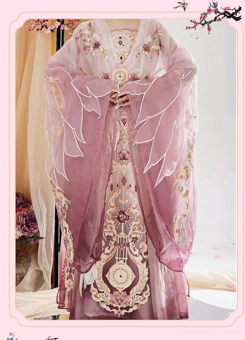 Full front view of a pink and purple gradient Wei Jin Dynasty Qiyao Ruqun Hanfu displayed without a model, showing embroidered bodice, wing-shaped sleeves, and classic skirt patterns