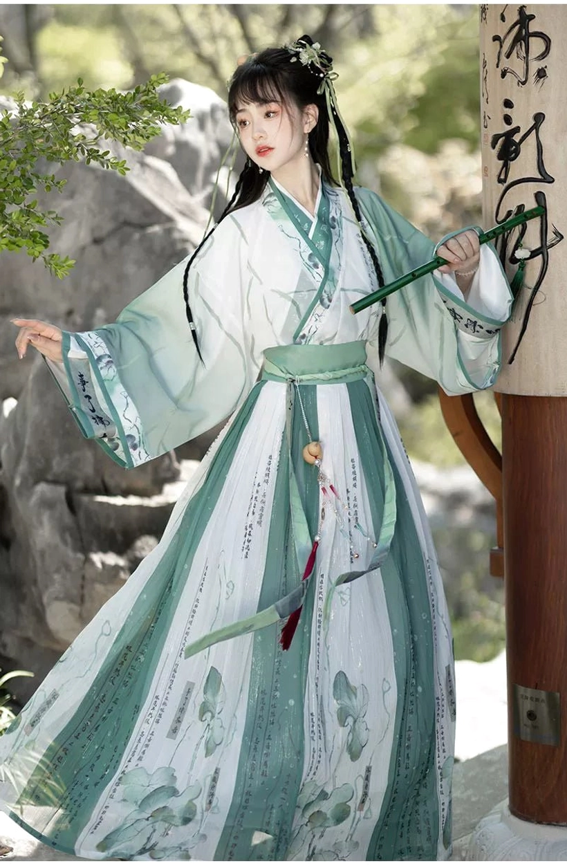 Green Wei Jin Dynasty Qiyao Ruqun Hanfu full set featuring cross-collar wide sleeves lotus calligraphy print and tassel pendant