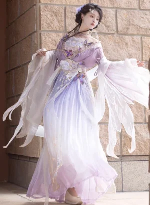 Full body three quarter view of a woman wearing a purple and ivory gradient Wei Jin Dynasty Qiyao Ruqun Hanfu with oversized flowing sleeves, floral embroidery, butterfly details, and hibiscus inspired styling