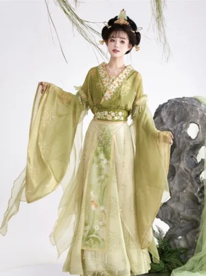 Matcha green Wei Jin Dynasty Qiyao Ruqun Hanfu full set with sheer wide sleeves, floral embroidered skirt, and gold waist trim front view