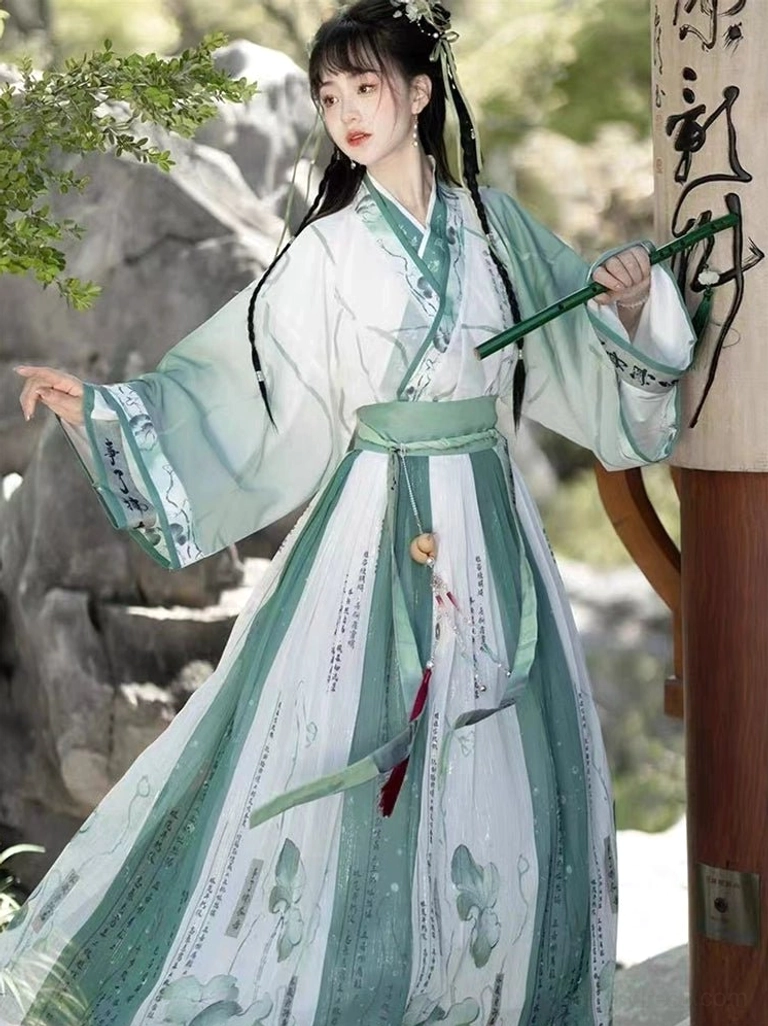 Mint green Wei Jin Dynasty Qiyao Ruqun Hanfu cross-collar top with lotus print skirt and red tassel waist accessory